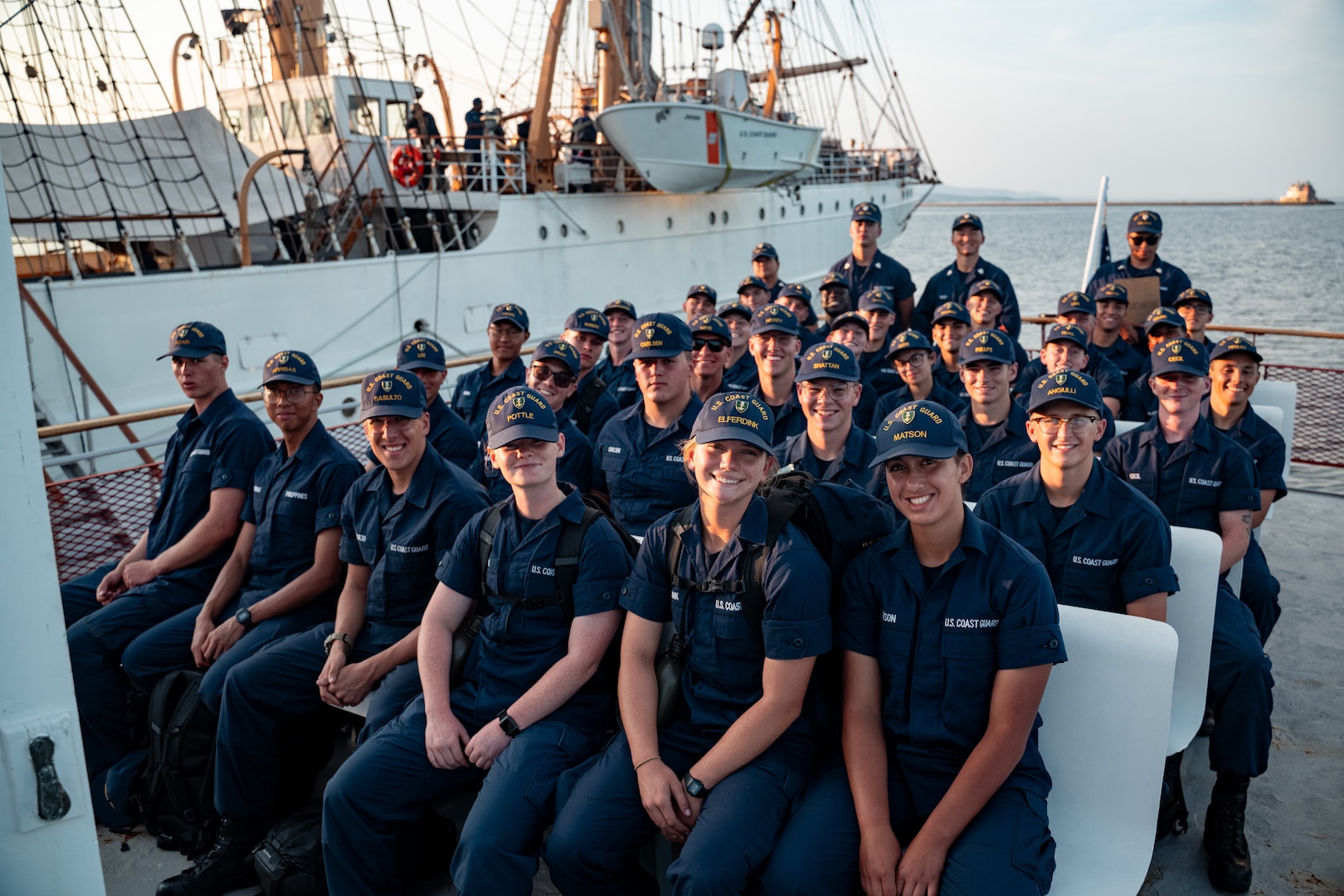 Coast Guard Academy cadets disembark Coast Guard Cutter Eagle in Rockland, Maine, Aug. 3, 2024. The Eagle serves as a classroom at sea, giving all officers a foundation in seamanship and life underway.