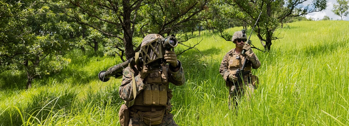 U.S. Marine Corps Cpl. Cullen Simpson aims an FIM-92 Stinger during exercise Resolute Dragon 24 at the Hijudai Maneuver Area, Oita, Japan, Aug. 2, 2024.
