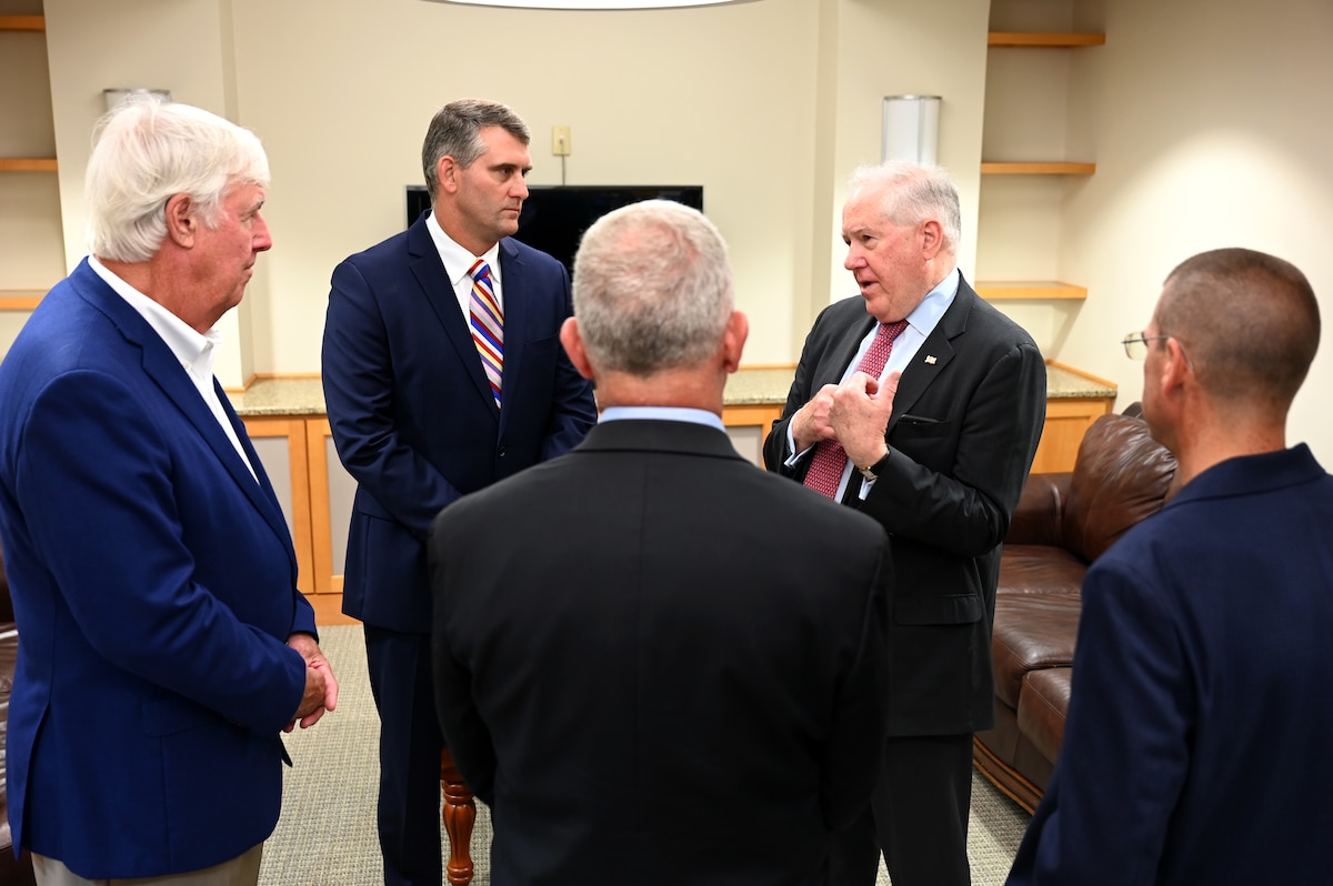 Secretary of the Air Force Frank Kendall, second from right, speaks with key members of the Sumter community during a visit to Shaw Air Force Base, S.C., July 30, 2024. The Sumter and Shaw communities share a close partnership, apparent in Sumter’s claim to ‘Uncommon Patriotism’. (U.S. Air Force photo by Staff Sgt. Kelsey Owen)