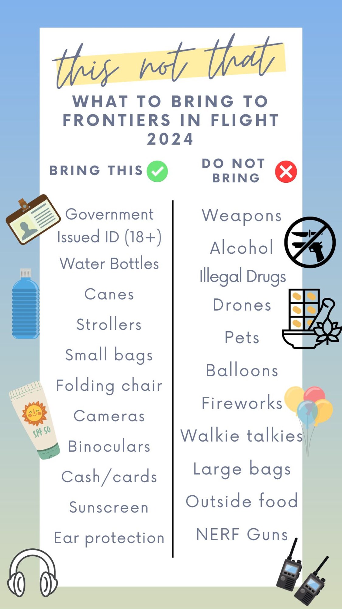 A graphic showing what to bring and what not to bring to Frontiers in Flight Airshow, McConnell Air Force Base, Kansas, Aug.24-25, 2024. (U.S. Air Force graphic by Senior Airman Felicia Przydzial)