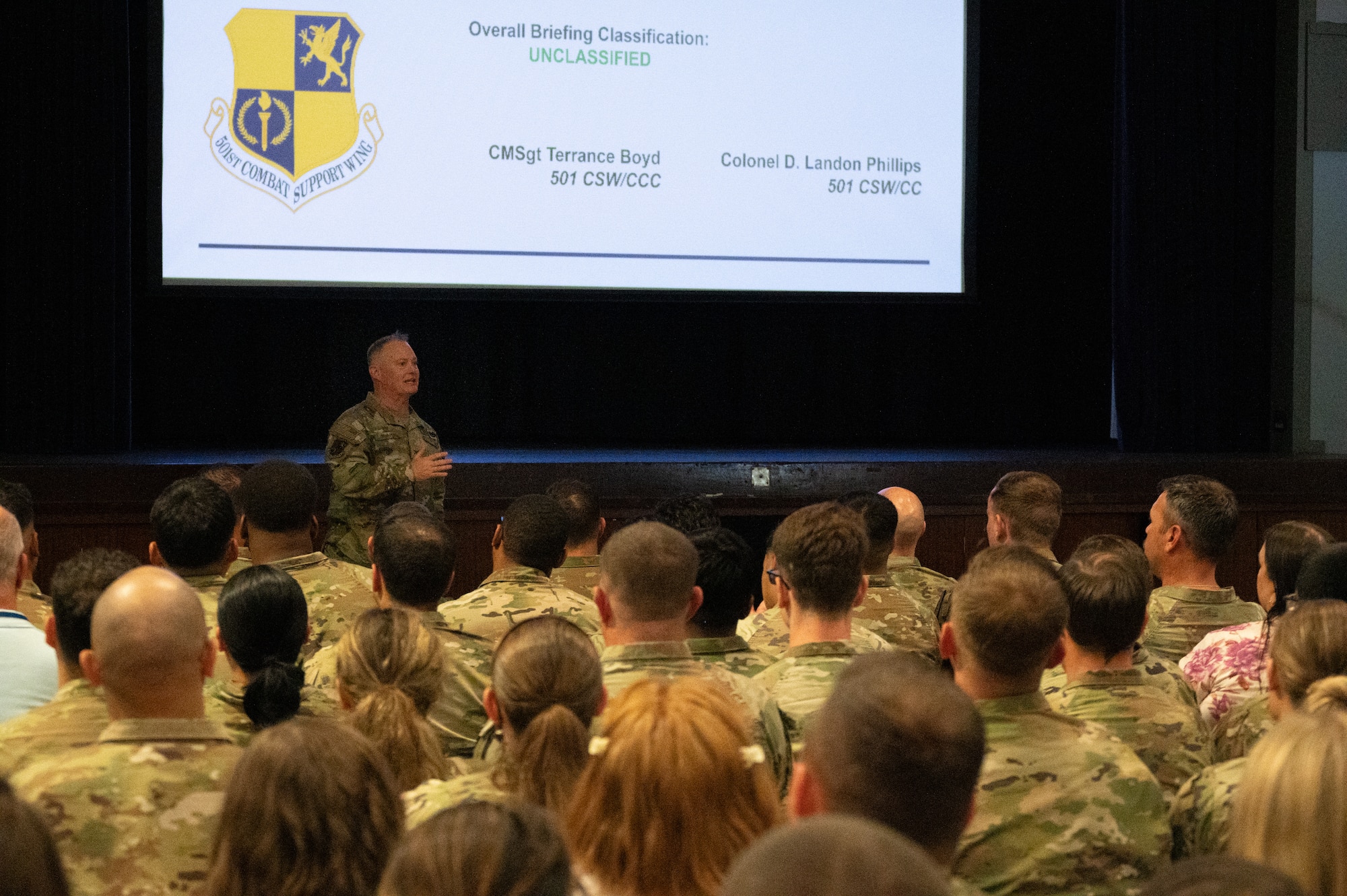 U.S. Air Force Col. D. Landon Phillips, 501st Combat Support Wing commander, speaks to Airmen during an all-call.