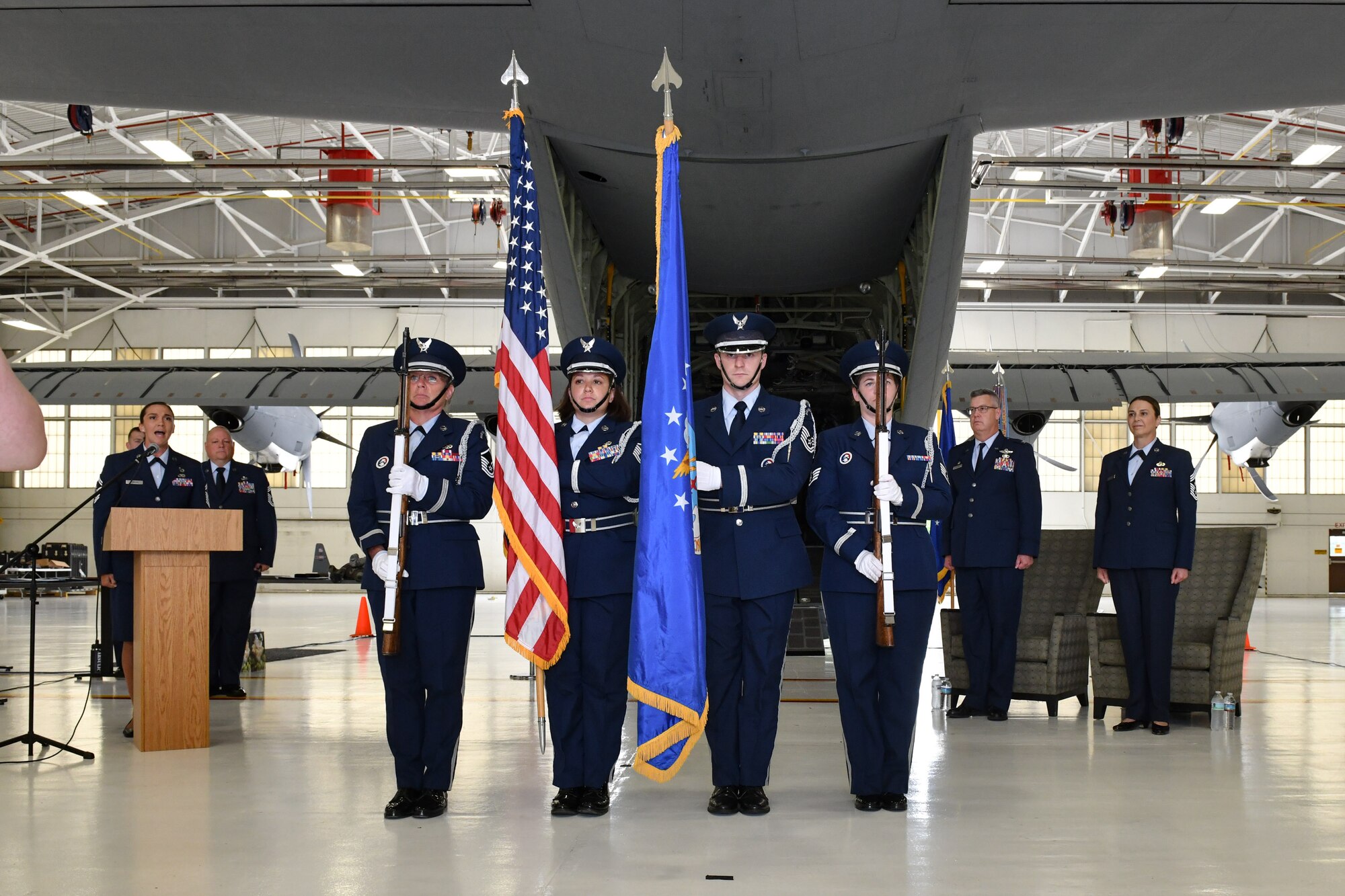 The 910th Airlift Wing Base Honor Guard presents the colors during the retirement ceremony for Chief Master Sgt. Jennifer McKendree, 910th AW command chief, at Youngstown Air Reserve Station, Ohio, Aug. 3, 2024.