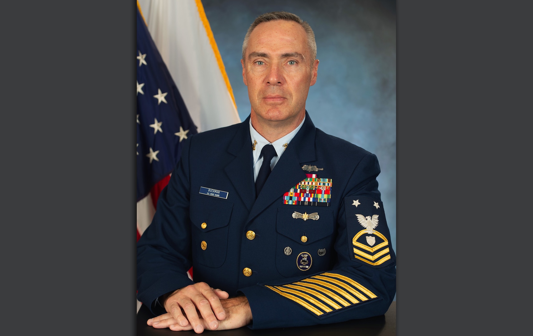 Portrait photo of Master Chief Petty Officer Matthew Buckman. Buckman has been selected as EPME's first full-time Force Master Chief due to his broad perspective on the needs and challenges faced by the workforce. (U.S. Coast Guard photo by Petty Officer 1st Class David Weydert)