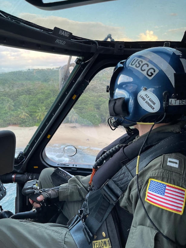 A CA Coast Guard Air Station Borinquen MH-60T Jayhawk helicopter aircrew provided rescue assistance to a 59-year-old woman, after she fell from a horse at Survivors Beach in Aguadilla, Puerto Rico, Aug. 7, 2024. The woman, who appeared to be disoriented and dehydrated, was transported to Coast Guard Air Station Borinquen, where she was assisted by  by local Emergency Medical Service personnel.  (U.S. Coast Guard photo)