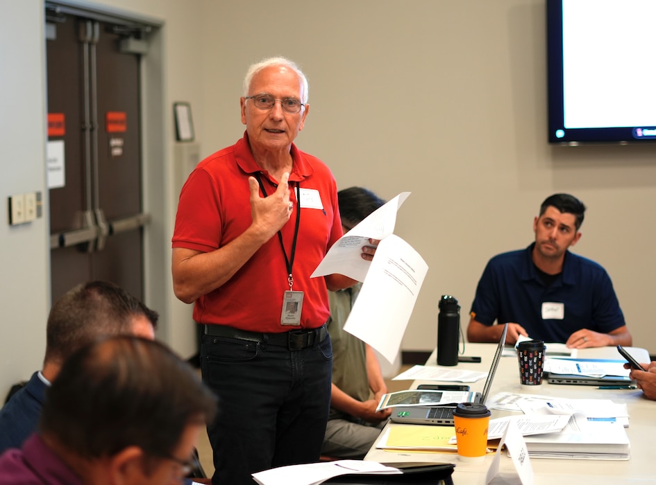 David Kingston, U.S. Army Corps of Engineers Los Angeles District Emergency Management Branch chief, dives into an exercise scenario with participants during the Carbon Canyon Dam tabletop exercise July 31, 2024, at the Yorba Linda Water District in Placentia, California.