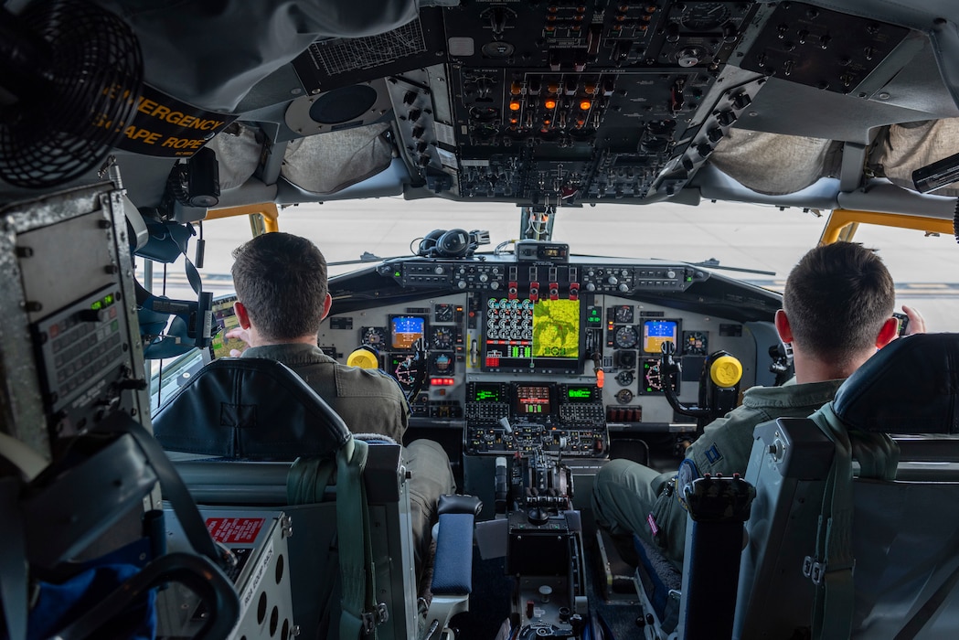 U.S. Air Force Capt. Tyler Kludt and Capt. Tanner Boyle, both pilots with the 185th Air Refueling Wing, Iowa Air National Guard, receive refresher training on how to operate the Real Time Information in the Cockpit (RTIC) system on the KC-135R Stratotanker aircraft during Exercise Northern Strike 2024-2 at Alpena Combat Readiness Training Center, Michigan, Aug 5, 2024.