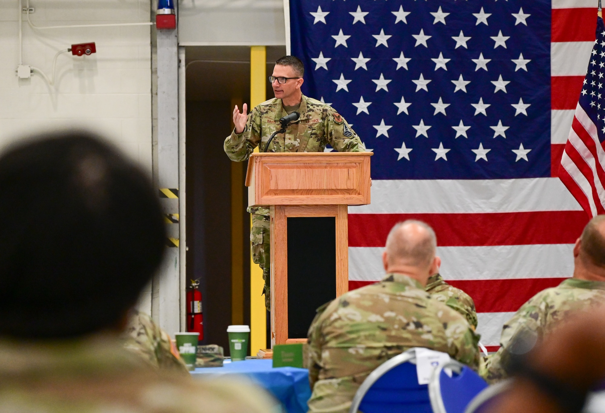 U.S. Air Force Chaplain (Brig. Gen.) Trent C. Davis, Deputy Chief of Chaplains, Air Force and Space Force, addresses the crowd during the Annual National Guard Joint Prayer Breakfast held on June 9, 2024, at Joint Base Andrews, Md