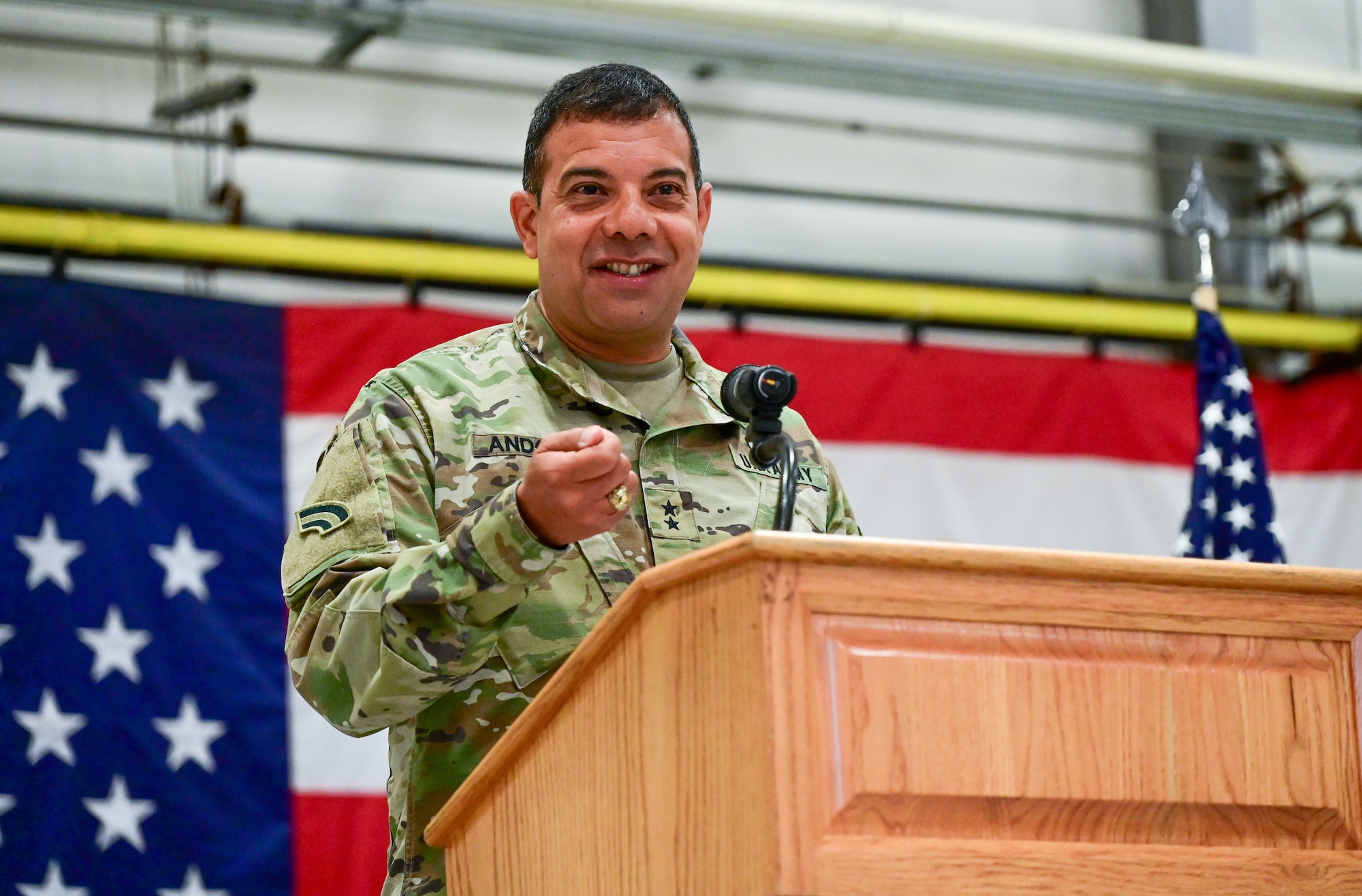 U.S. Army Maj. Gen. John C. Andonie, commander, District of Columbia National Guard, addresses the crowd during the Annual National Guard Joint Prayer Breakfast held on June 9, 2024, at Joint Base Andrews, Md