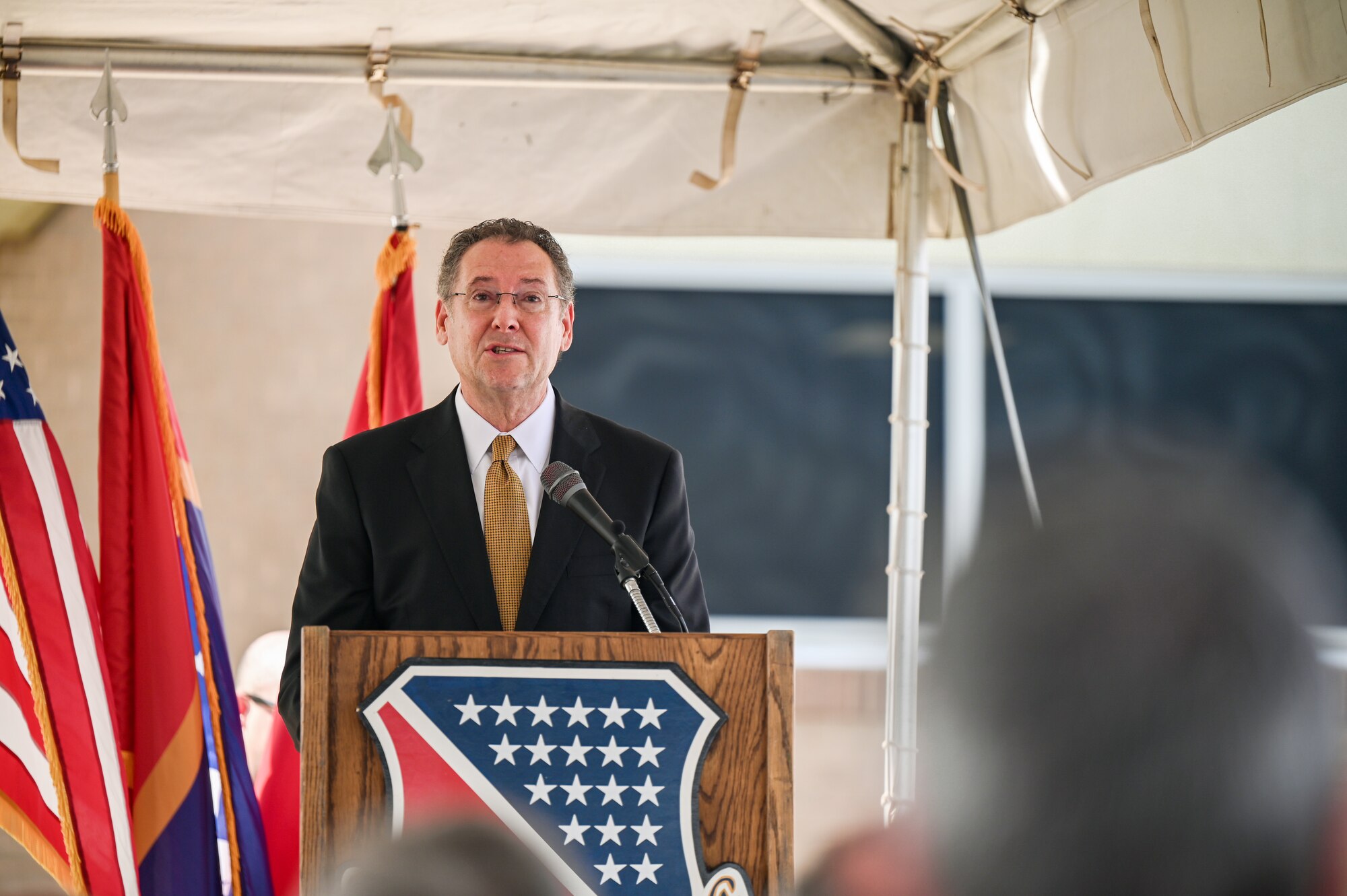 Former Mississippi Congressman Gregg Harper offers remarks during a ribbon cutting to mark the official opening of the KC-135 Flight Simulator Aug. 8, 2024, at Key Field Air National Guard Base. Key Field ANGB aircrew as well as other ANG aircrew from across the country will train on the operational flight training simulator which will greatly enhance mission readiness.