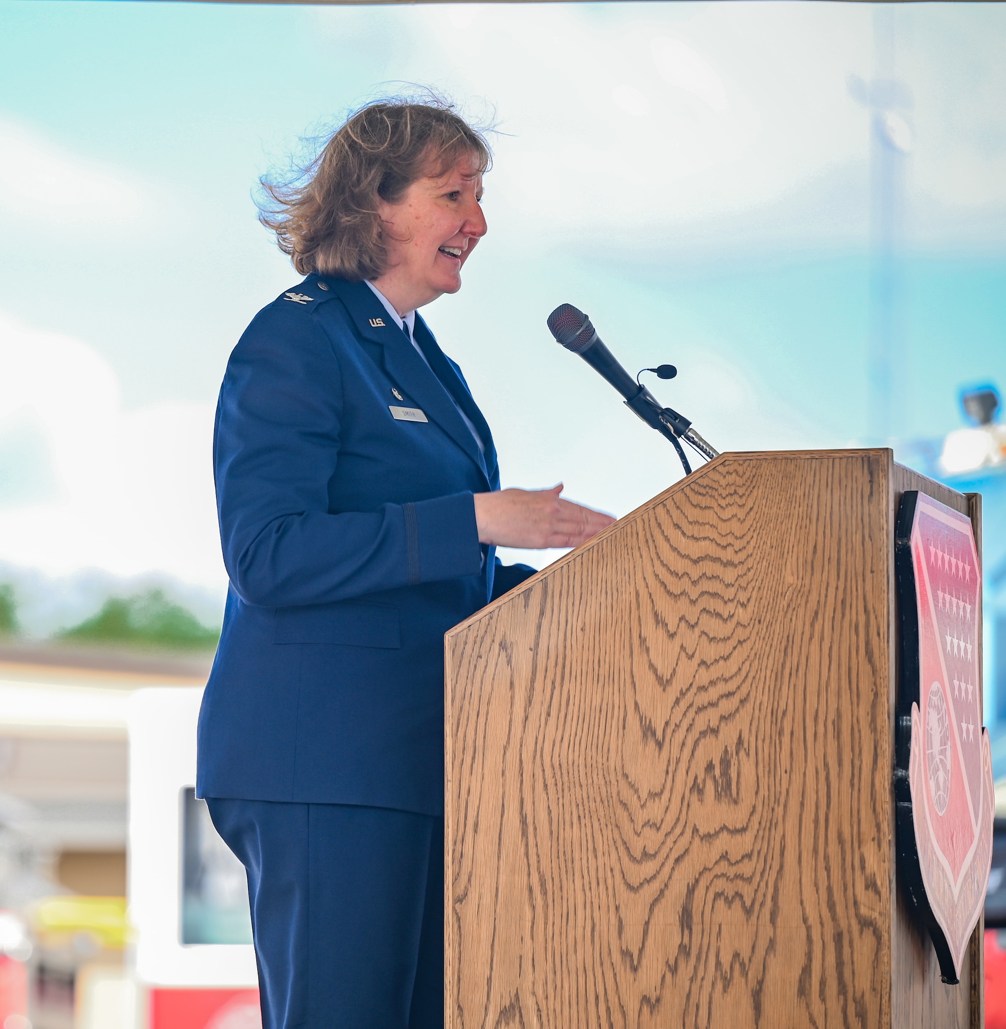 186th Air Refueling Wing Commander, Col. Cynthia Smith, offers remarks during a ribbon cutting ceremony celebrating the return of the KC-135 Flight Simulator, Aug. 8, 2024 at Key Field Air National Guard Base. The on-site operational flight training will greatly enhance aircrew’s ability to maintain readiness. The 186th Air Refueling Wing has thrice been selected as a formal school house by the Air Force because of their experience and disciplined operational culture.