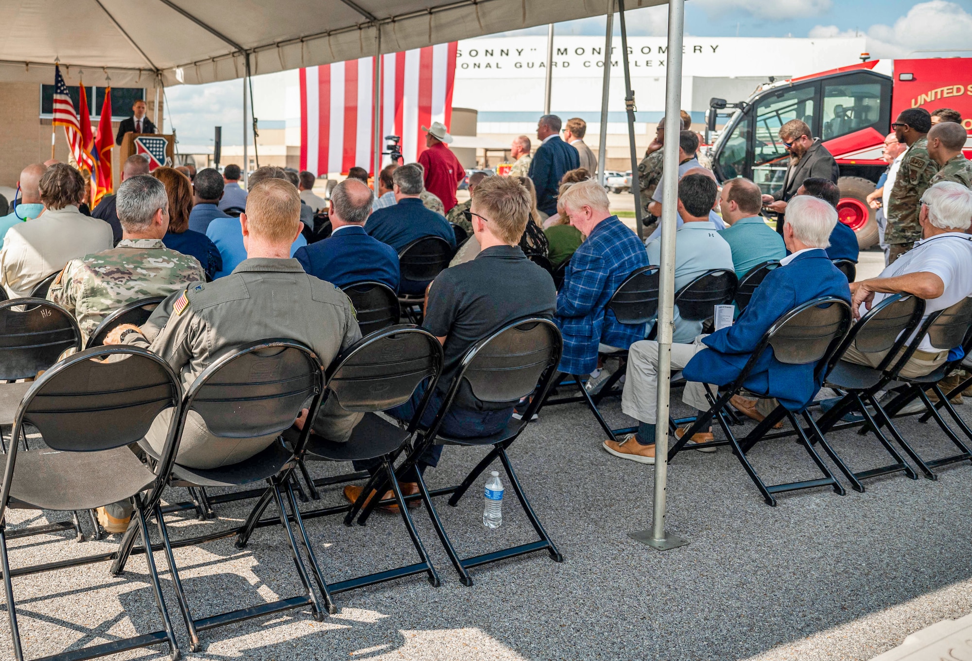 Mississippi Congressman Michael Guest offers remarks during a ribbon cutting to mark the official opening of the KC-135 Flight Simulator Aug. 8,2024, at Key Field Air National Guard Base. Key Field ANGB aircrew as well as other ANG aircrew from across the country will train on the operational flight training simulator which will greatly enhance mission readiness.