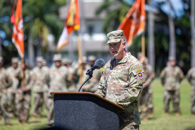 Brig. Gen Ray Phariss speaks at the 311th Signal Command (Theater) change of command ceremony at historic Palm Circle in Fort Shafter on July 19, 2024.