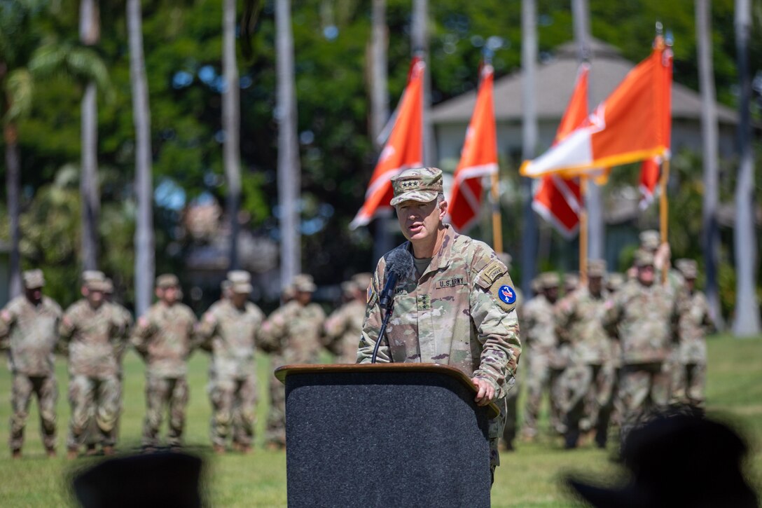 Lt. Gen. James B. Jarrard speaks at the 311th Signal Command (Theater) change of command ceremony at historic Palm Circle in Fort Shafter on July 19, 2024.