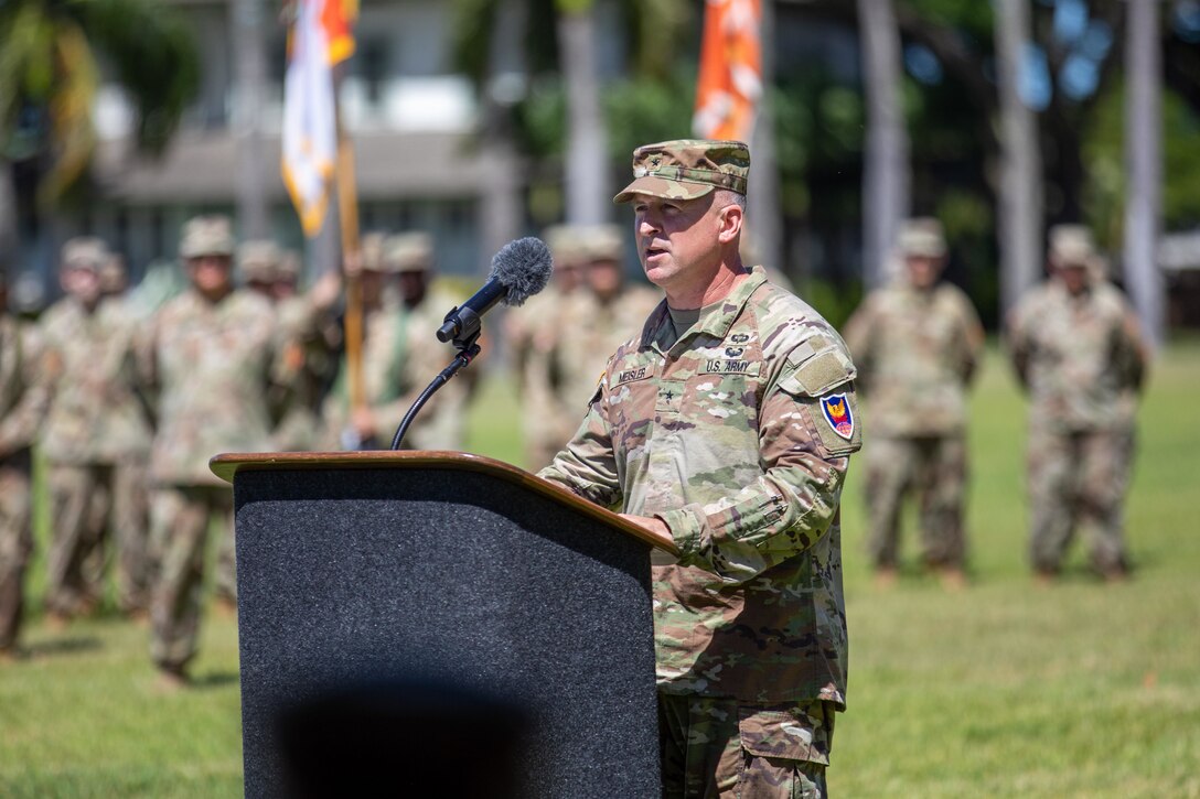 Brig. Gen. Kevin Meisler speaks at the 311th Signal Command (Theater) change of command ceremony at historic Palm Circle in Fort Shafter on July 19, 2024.