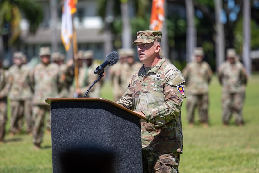 Brig. Gen. Kevin Meisler speaks at the 311th Signal Command (Theater) change of command ceremony at historic Palm Circle in Fort Shafter on July 19, 2024.