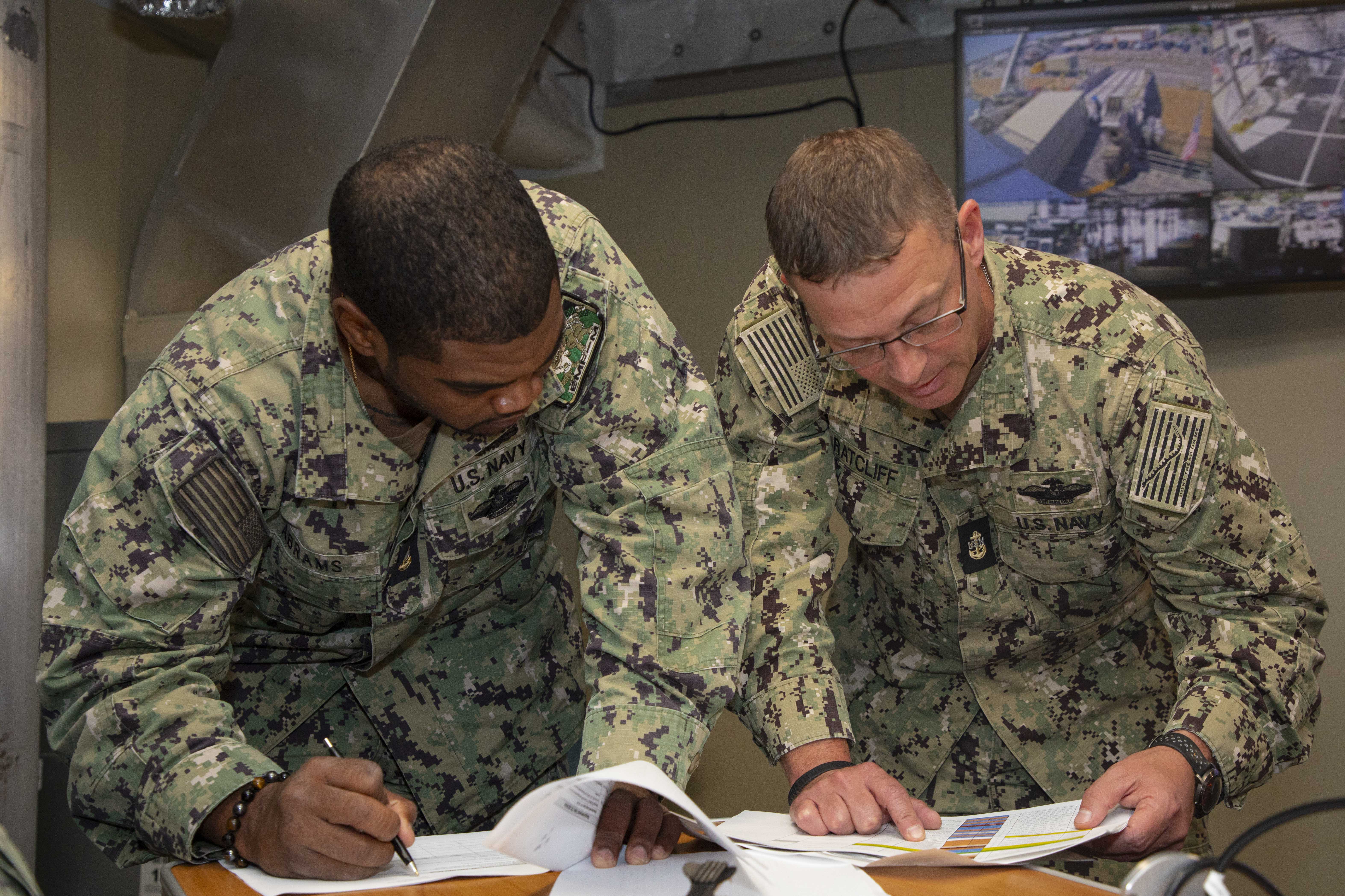 240715-N-KC192-1039 JOINT EXPEDITIONARY BASE LITTLE CREEK-FORT STORY, Va. (July 15, 2024) Chief Hospital Corpsman Elijah Abrams, left, and Chief Hospital Corpsman Christoper Ratcliff, assigned to Navy Medicine Readiness and Training Command (NMRTC) Jacksonville, assign Expeditionary Medical Unit (EMU) Sailors to positions within medical department onboard expeditionary fast transport ship USNS Cody (T-EPF 14), July 15, 2024. The U.S. Navy is embarking the first EMU, a cutting-edge medical support system with support personnel from EMU-1, designed to provide Role 2 level healthcare services both afloat and ashore.  (U.S. Navy photo by Mass Communication Specialist 2nd Class Levi Decker)