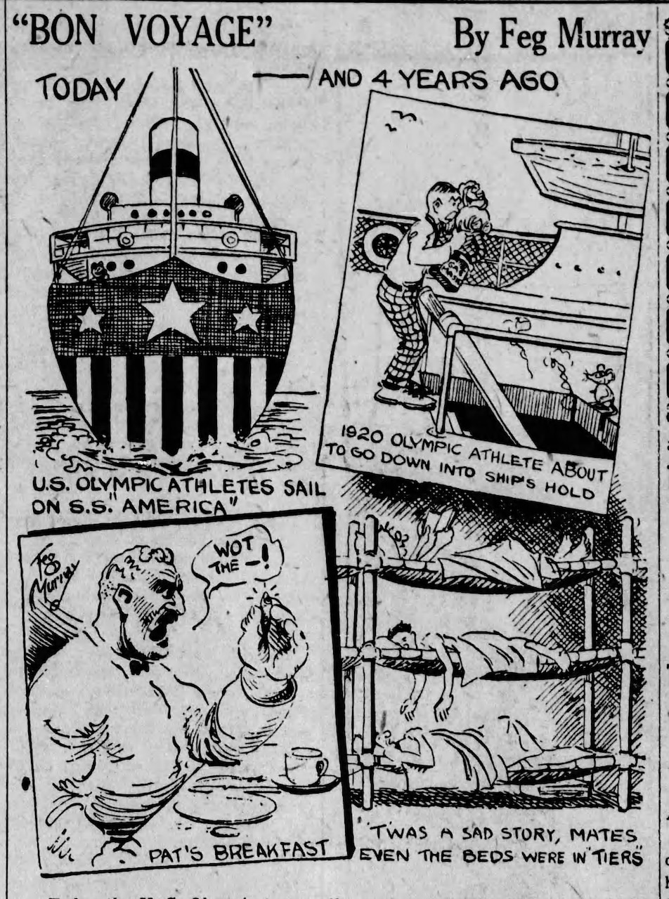 A series of sketches depicting the shipboard conditions for civilian athletes during 1924 Olympics.