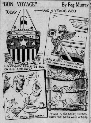 A series of sketches depicting the shipboard conditions for civilian athletes during 1924 Olympics.