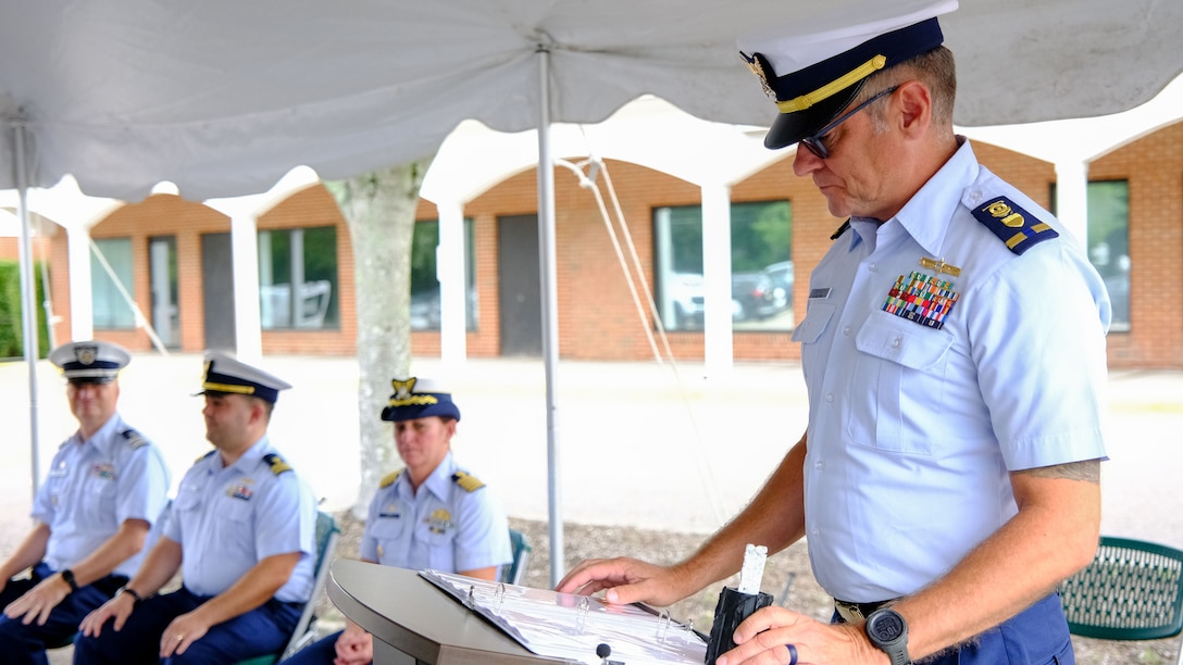 CWO Jonathan Shipperley, the MSU Coram executive officer, was the Master of Ceremonies during the commissioning held in Coram, New York, August 9, 2024. Capt. Elisa Garrity, the Coast Guard Sector Long Island Sound commander, presided over the ceremony. (U.S. Coast Guard photo by Petty Officer 3rd Class Breanna Boardman)