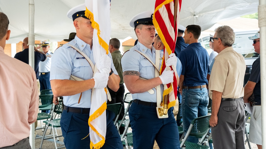 Petty Officer Eric Johns and Petty Officer Dylan Mulligan presented colors during the commissioning held in Coram, New York, August 9, 2024. Capt. Elisa Garrity, the Coast Guard Sector Long Island Sound commander, presided over the ceremony. (U.S. Coast Guard photo by Petty Officer 3rd Class Breanna Boardman)