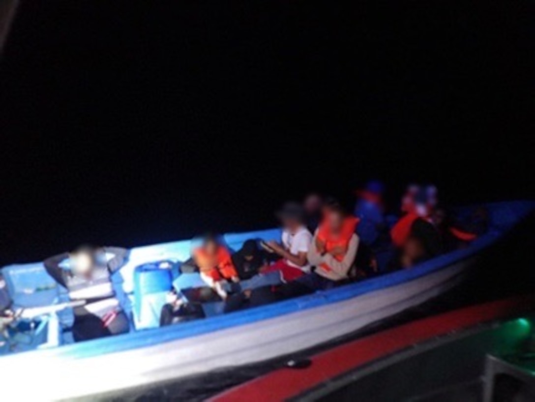 Coast Guard Cutter Richard Dixon repatriated 15 migrants to Dominican Republic, Aug. 8, 2024, following the interdiction of an irregular, unlawful migration voyage in Mona Passage waters near Puerto Rico, Aug. 7, 2024.    (U.S. Coast Guard photo)