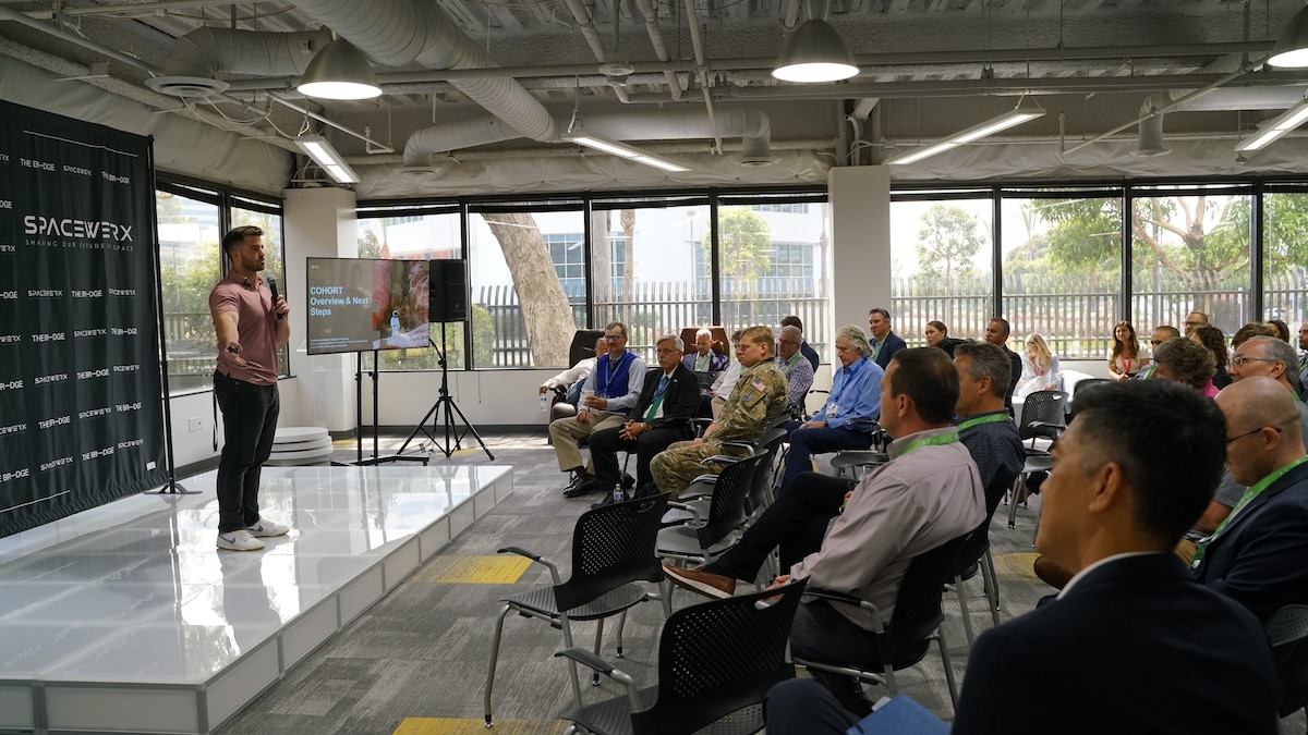 Drew Busbee, DTI COO, kicks off the AltPNT I2A cohort during the Challenge Showcase held at the SpaceWERX hub in El Segundo, CA, June 9th 2024. SpaceWERX recently announced the launch of its latest I2A cohort, focused on two specific topics: advancing Alternative Positioning, Navigation and Timing, or AltPNT solutions and pioneering the Digital Spaceport of the Future. These initiatives underscore SpaceWERX's commitment to accelerating technological innovations in aerospace operations. (Courtesy Photo)