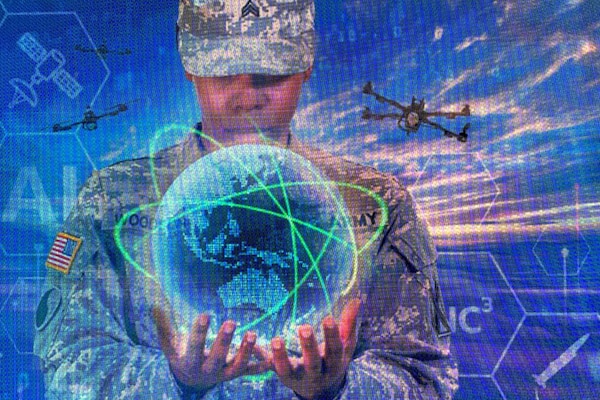A stylized graphic depicts a soldier holding a globe.