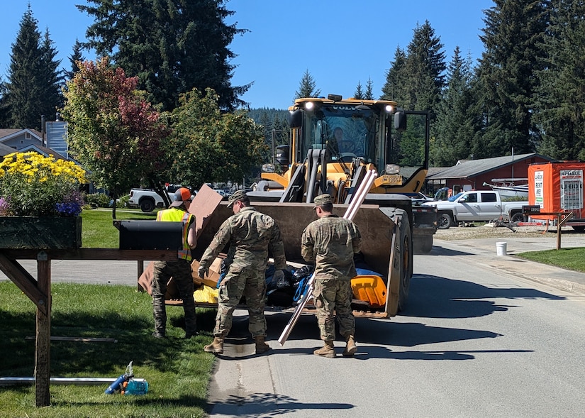 Alaska Army Guardsmen with Joint Task Force – Juneau partner with the Department of Transportation to assist Juneau residents with recovery and cleanup efforts Aug. 8, 2024, following recent flooding after the Mendenhall Glacier’s Suicide Basin released.