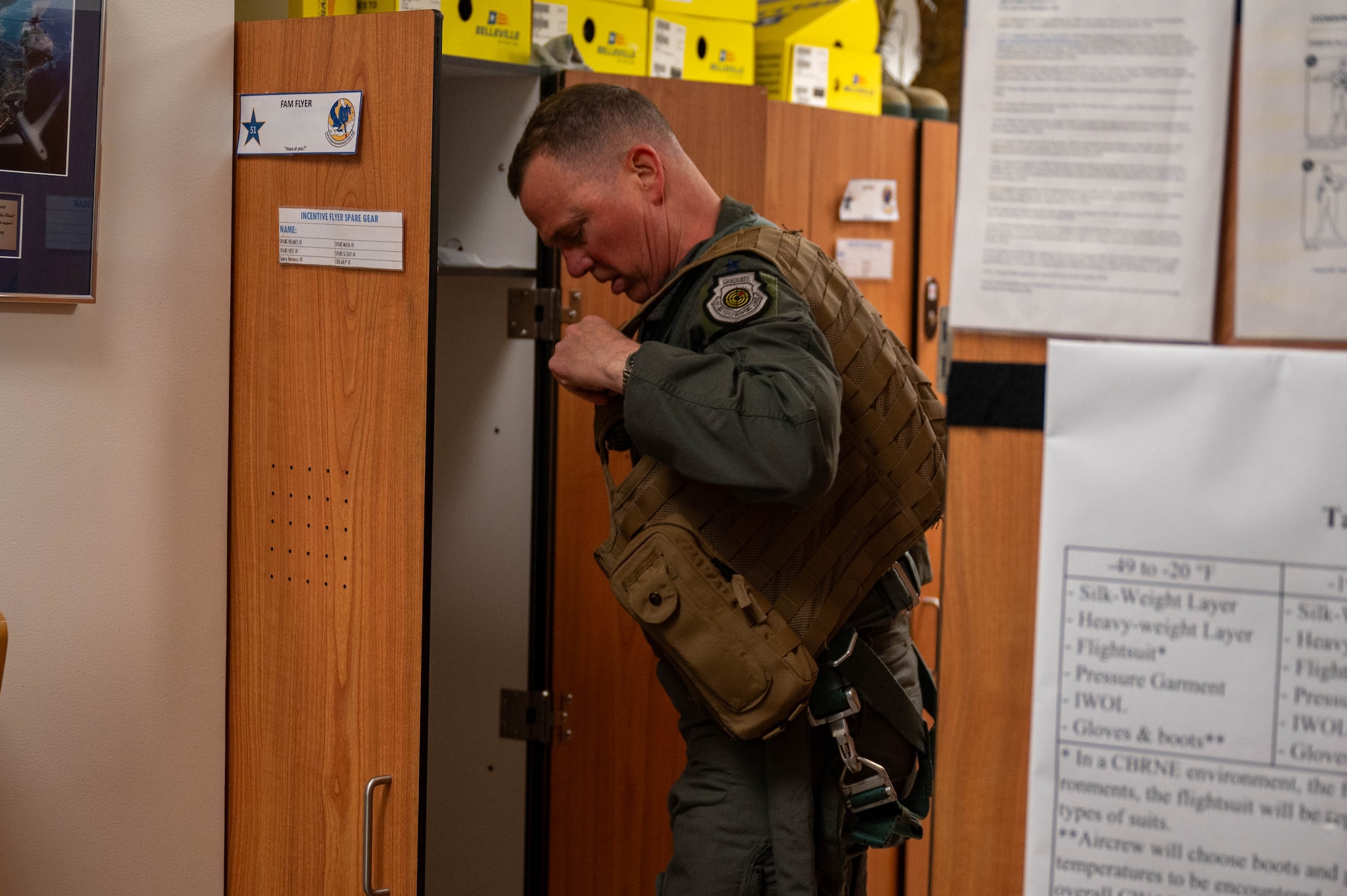 General Gregory Guillot, Commander, North American Aerospace Defense Command and U.S. Northern Command, puts on flight equipment before a flight, at Eielson Air Force Base, Alaska, Aug. 8, 2024.