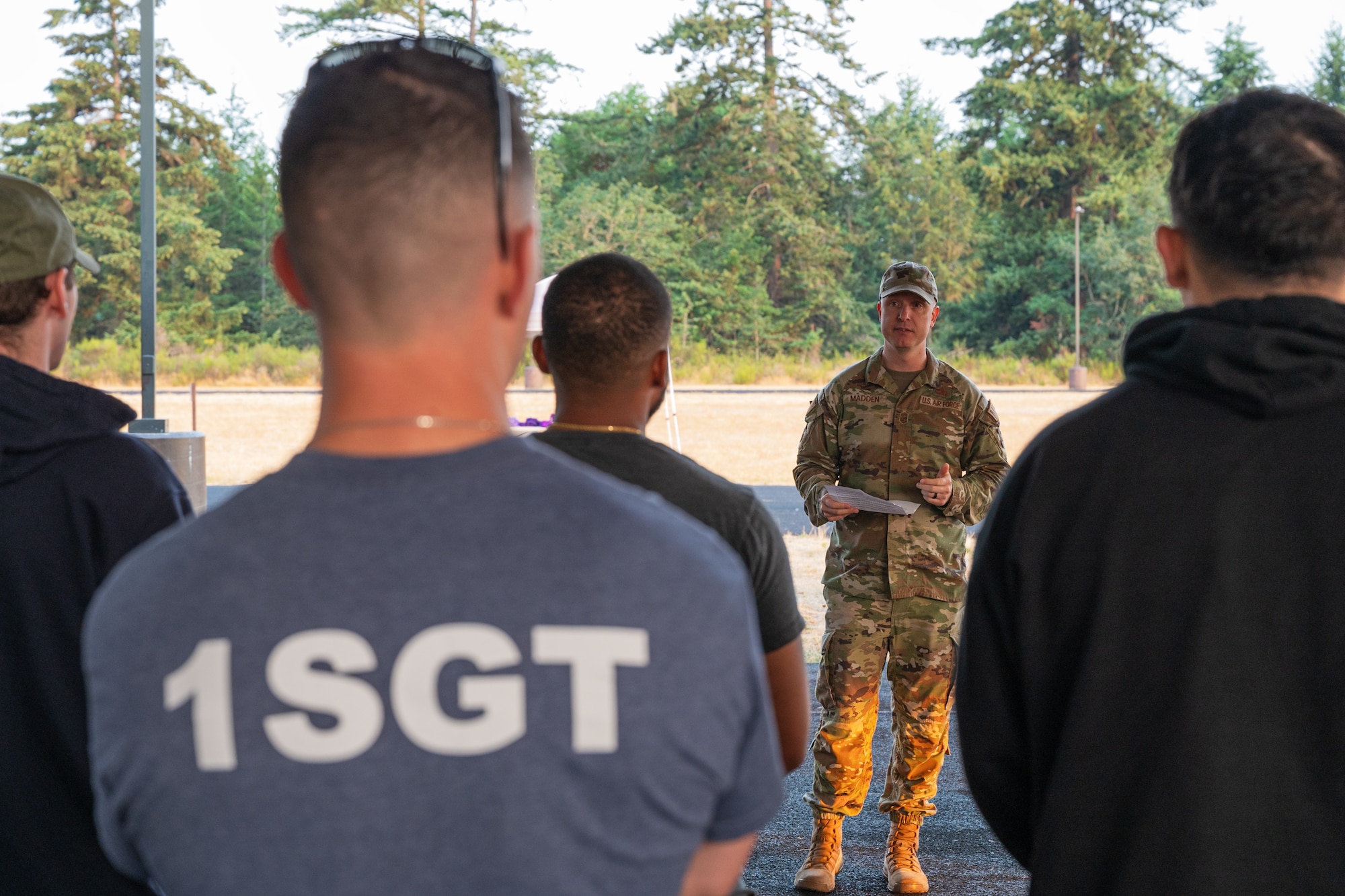U.S. Air Force Chief Master Sgt. Jeremiah Madden, 62d Maintenance Group senior enlisted leader, gives his remarks before the Dash for Danielle Memorial Run at Joint Base Lewis-McChord, Washington, Aug. 9, 2024.