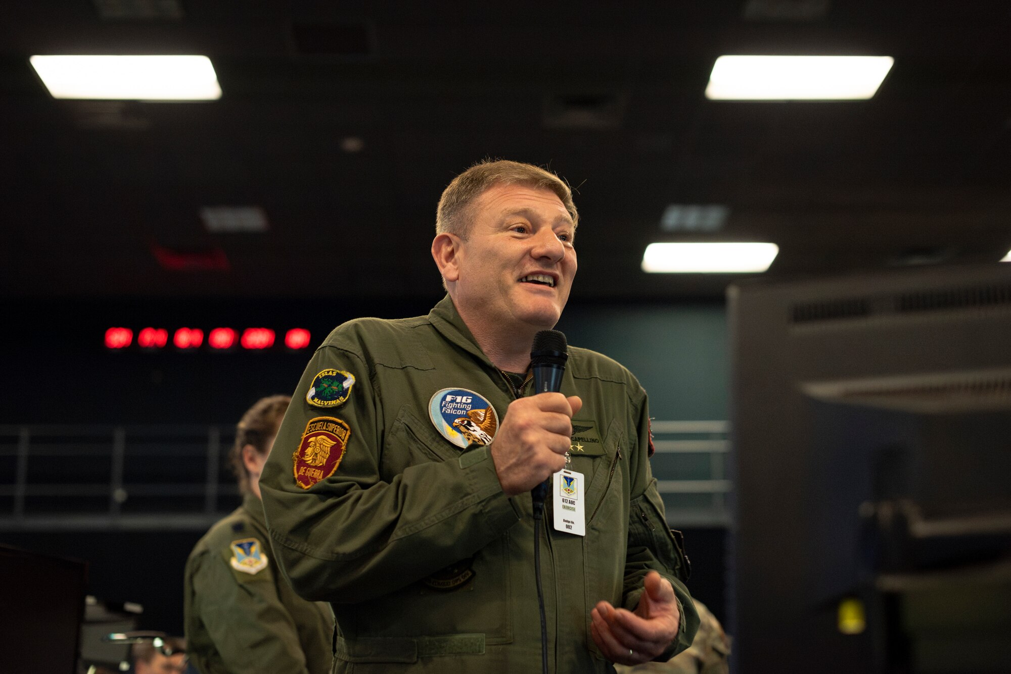 Argentinian Air Force Maj. Gen. Fabian E. Capellino, commander for the Combined Forces Air Component Command, provides remarks during PANAMAX 2024 operations at Davis-Monthan Air Force Base, Ariz. Aug. 8, 2024. PANAMAX is a U.S. Southern Command sponsored exercise designed to develop and test participating nations’ capabilities to respond as a unified force to a wide variety of mission demands across conventional (air, land, sea), space, cyber, and information domains.