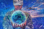A stylized graphic depicts a soldier holding a globe.