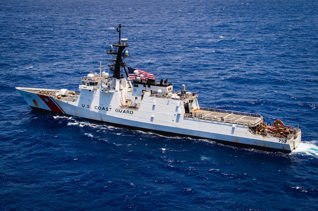 Legend-class cutter USCGC Midgett (WMSL 757) sails during the at-sea phase of Exercise Rim of the Pacific (RIMPAC) 2024. Twenty-nine nations, 40 surface ships, three submarines, 14 national land forces, more than 150 aircraft and 25,000 personnel are participating in RIMPAC in and around the Hawaiian Islands, June 27 to Aug. 1. The world’s largest international maritime exercise, RIMPAC provides a unique training opportunity while fostering and sustaining cooperative relationships among participants critical to ensuring the safety of sea lanes and security on the world’s oceans. RIMPAC 2024 is the 29th exercise in the series that began in 1971. (U.S. Navy photo by Mass Communication Specialist 2nd Class Terrin Hartman)