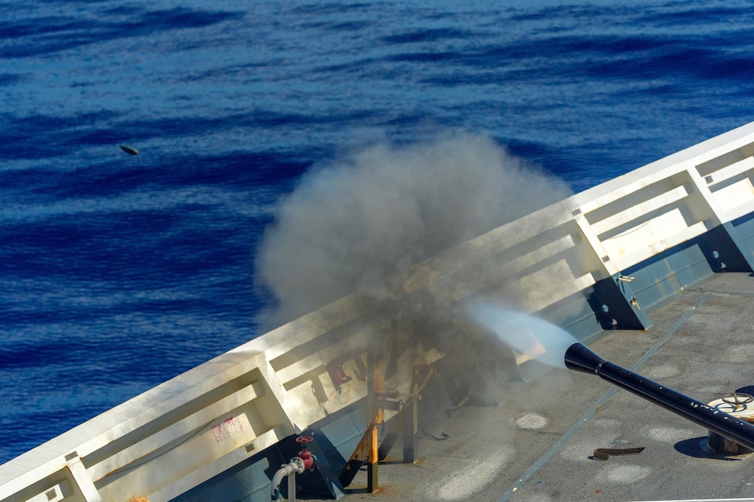 A projectile fired from the 57mm MK-110 turret mounted gun from the Legend-class cutter USCGC Midgett (WMSL 757) during a live-firing exercise during Exercise Rim of Pacific (RIMPAC) 2024 off the coast of Hawaii, July 20. Twenty-nine nations, 40 surface ships, three submarines, 14 national land forces, more than 150 aircraft, and 25,000 personnel are participating in and around the Hawaiian Islands, June 27 to Aug. 1. The world's largest international maritime exercise; RIMPAC provides a unique training opportunity while fostering and sustaining cooperative relationships among participants critical to ensuring the safety of sea lanes and security on the world's oceans. RIMPAC 2024 is the 29th exercise in the series that began in 1971.  (U.S. Coast Guard photo by David Lau)