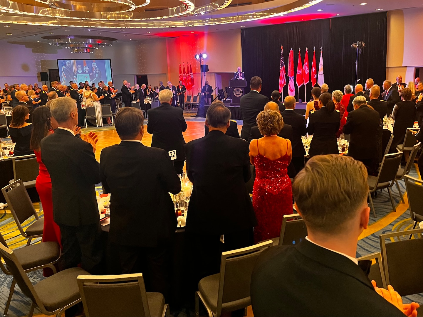 a group of individuals in a large ball room stand and applaud.