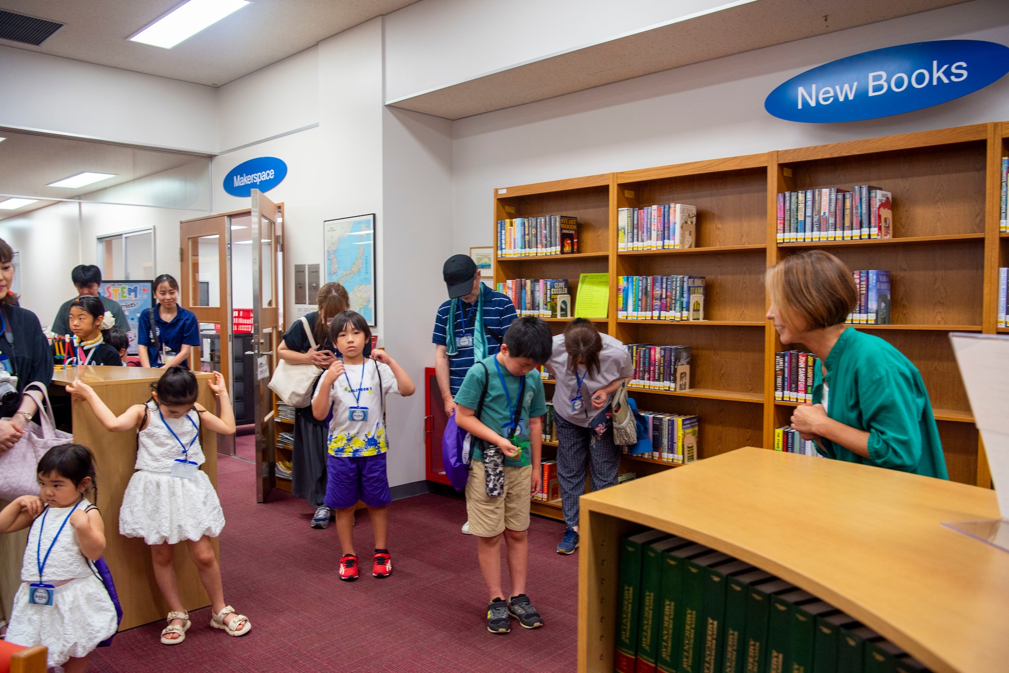 Participants thank Asako Tuttle, right, 35th Force Support Squadron library director, after completing a Misawa Friendship Tour at Misawa Air Base, Japan, Aug. 2, 2024.