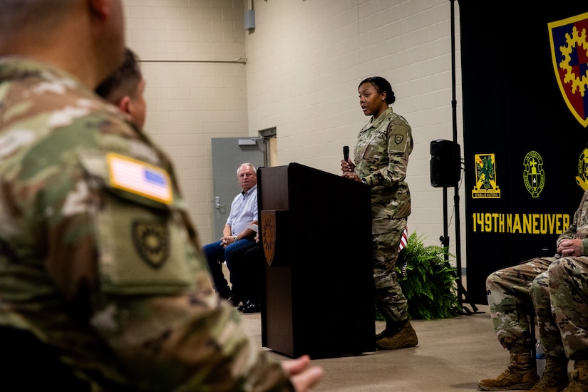 U.S. Army Col. Brandye Williams, commander of the 149th Maneuver Enhancement Brigade, speaks to deploying Soldiers of the 613th Engineer Facilities Detachment at the Springfield Army National Guard Armory in Springfield, Kentucky on August 5, 2024. Approximately 15 Soldiers of the 613 FACDET are departing for Kuwait for base directorate of public works mission at Camp Buehring. (U.S. Army National Guard photo by Andy Dickson)