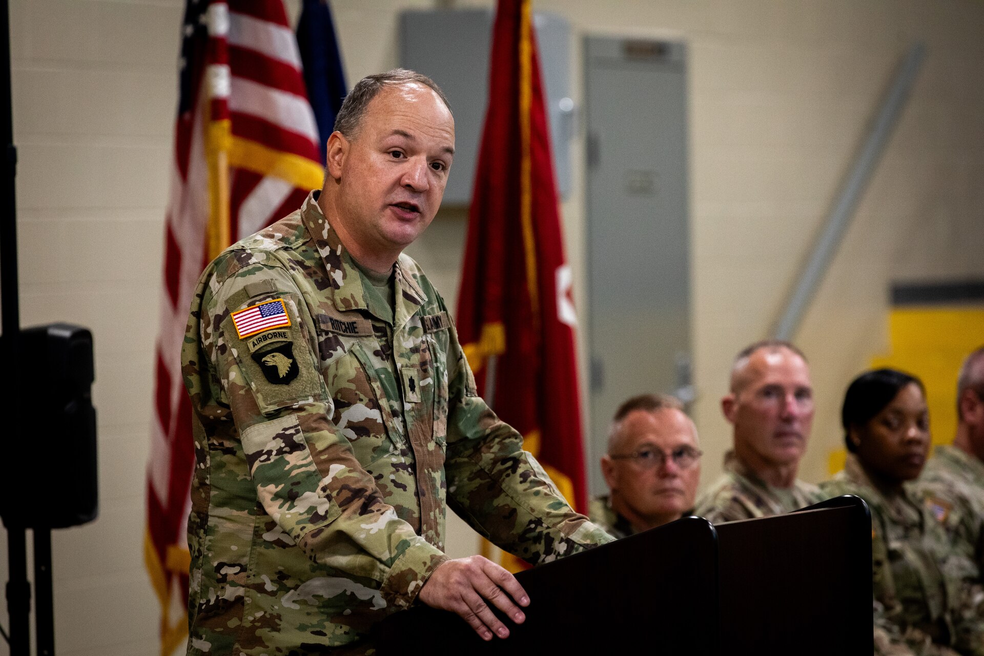 U.S. Army Lt. Col. John Ritchie, the commander 613th Engineer Facilities Detachment, 149th Maneuver Enhancement Brigade, gives the farewell address at the Springfield Army National Guard Armory in Springfield, Kentucky on August 5, 2024. Approximately 15 Soldiers of the 613 FACDET are departing for Kuwait for base directorate of public works mission at Camp Buehring. (U.S. Army National Guard photo by Andy Dickson)