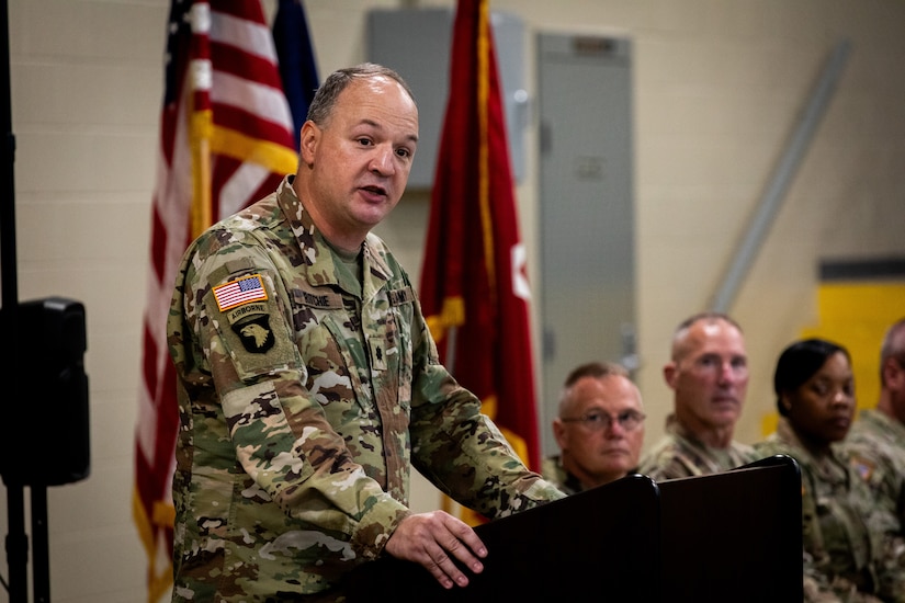 U.S. Army Lt. Col. John Ritchie, the commander 613th Engineer Facilities Detachment, 149th Maneuver Enhancement Brigade, gives the farewell address at the Springfield Army National Guard Armory in Springfield, Kentucky on August 5, 2024. Approximately 15 Soldiers of the 613 FACDET are departing for Kuwait for base directorate of public works mission at Camp Buehring. (U.S. Army National Guard photo by Andy Dickson)