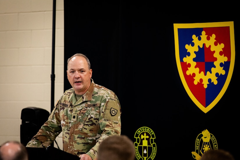 U.S. Army Lt. Col. John Ritchie, the commander 613th Engineer Facilities Detachment, 149th Maneuver Enhancement Brigade, gives the farewell address at the Springfield Army National Guard Armory in Springfield, Kentucky on August 5, 2024. Approximately 15 Soldiers of the 613 FACDET are departing for Kuwait for base directorate of public works mission at Camp Buehring. (U.S. Army National Guard photo by Andy Dickson)