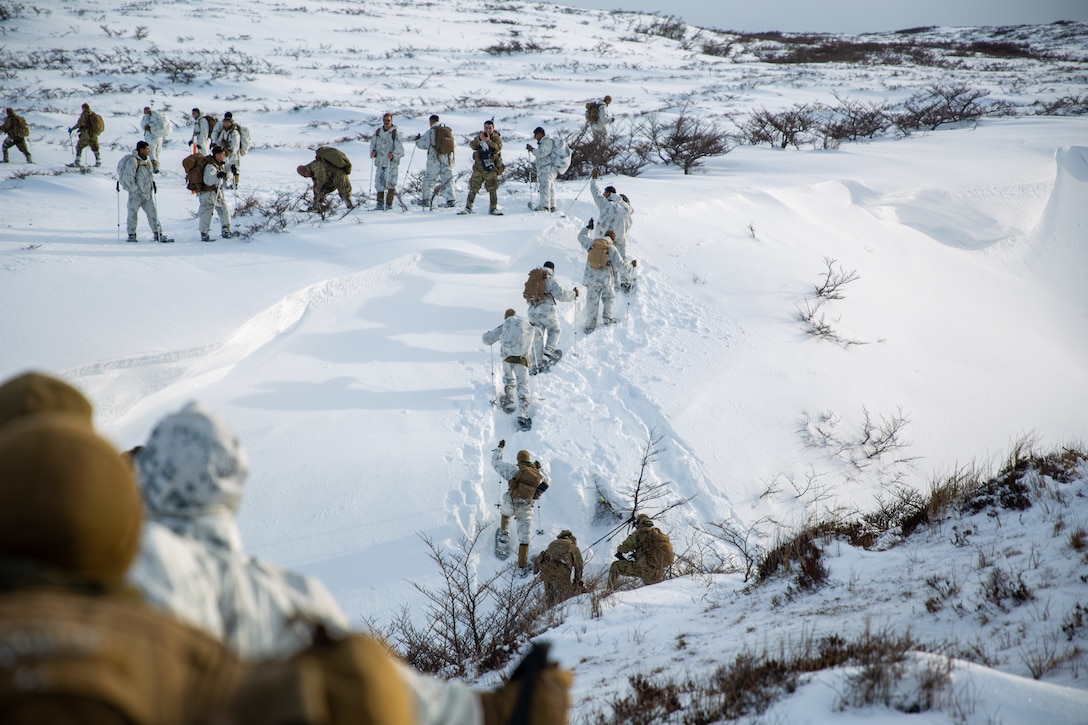 Marines with 1st Marine Division and members of the Cuerpo de Infanteria Marina Chile, climb Monte Tarn, Chile, July 30, 2024. U.S. and Chilean Marines conducted training to include cold weather lane training, mountaineering, and land navigation in order to hone fieldcraft, improve combined task force operations, and increase understanding of each other’s cold weather tactics, techniques, and procedures to support a secure, free, and prosperous western hemisphere.