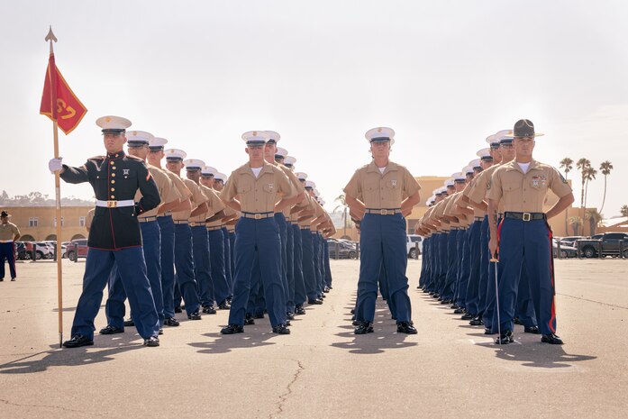New U.S. Marines with Mike Company, 3rd Recruit Training Battalion, stand in formation during a graduation ceremony at Marine Corps Recruit Depot San Diego, California, Aug. 9, 2024. Graduation takes place at the end of the 13-week transformation, which includes training for drill, marksmanship, basic combat skills, and Marine Corps customs and traditions. (U.S. Marine Corps photo by Lance Cpl. Janell B. Alvarez)
