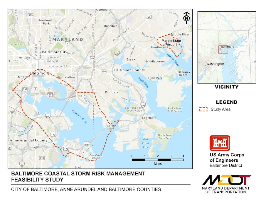 The Baltimore Coastal Storm Risk Management Study recommends Congress fund about $77 million for structural floodwalls to manage coastal storm damage risk and flooding to the I-95 and I-895 tunnel entrances and associated critical facilities to improve infrastructure resiliency in the metro region. 