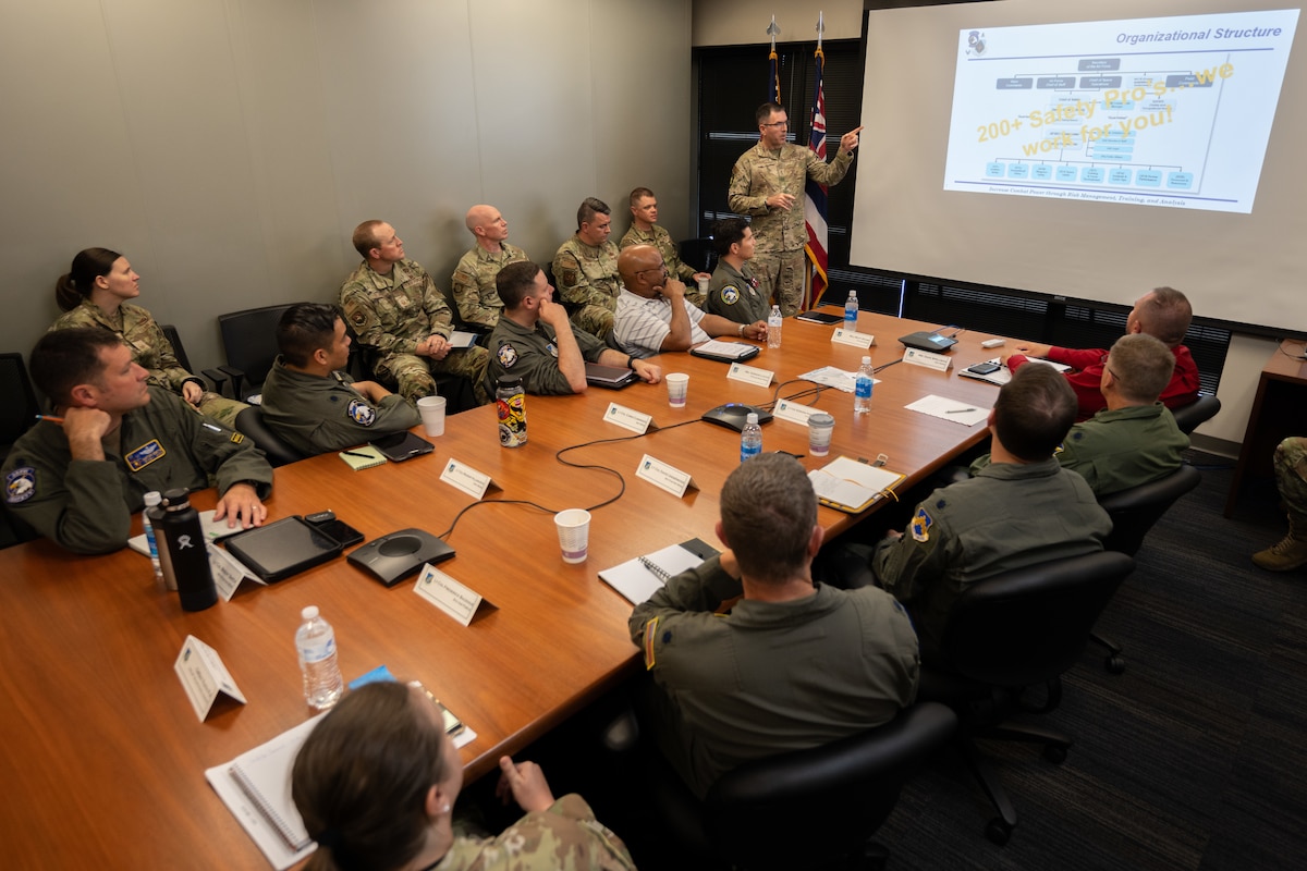Maj. Gen. Sean Choquette, Department of the Air Force chief of safety and commander of the Air Force Safety Center, speaks to the Pacific Air Forces safety office, safety chiefs, and safety professionals from around the command about new Safety initiatives at Joint Base Pearl Harbor-Hickam, Aug. 7, 2024. Choquette’s visit to PACAF underscored the importance of tailoring safety initiatives to regional challenges. By making safety an integral part of daily operations, PACAF will create a safer and more resilient force capable of defending the homeland and reinforce allies and partners. (U.S. Air Force photo by Tech. Sgt. Emerson Nuñez)