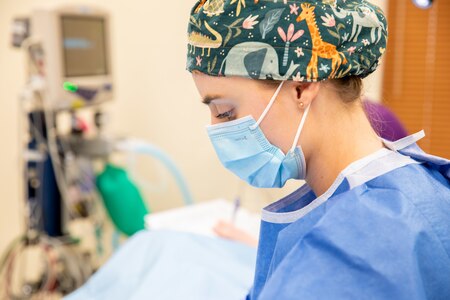 A masked veterinarian in a light blue smock and multi-colored hair cover is looking down while performing surgical duties. in the background is medical equipment.