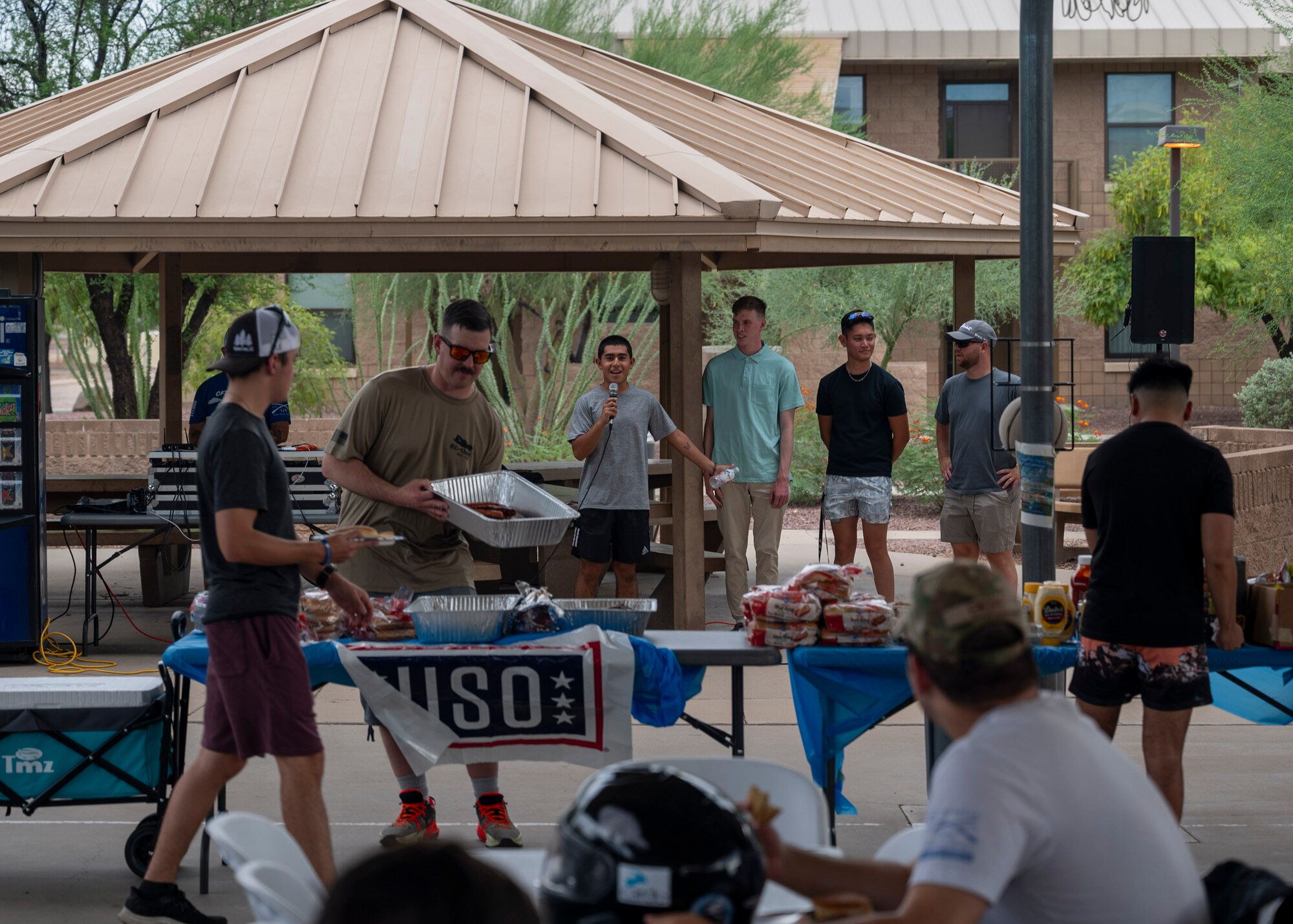 Dorm Council members kick off the Summer Dorm Bash at Davis-Monthan Air Force Base, Ariz., Aug. 9, 2024. During the Dorm Bash, Airmen connected with one another through the food and games provided to them. (U.S. Air Force photo by Airman 1st Class William Finn V)