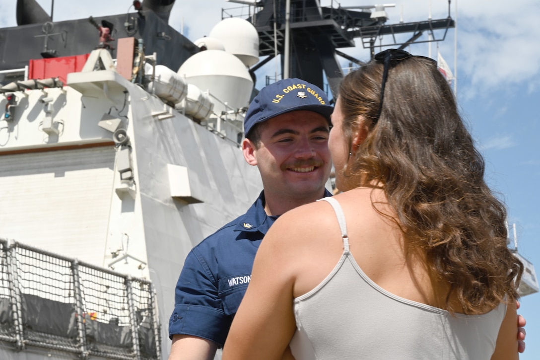 The U.S. Coast Guard Cutter Waesche (WSML 751) crew members reunite with family, friends and loved ones after returning to their Base Alameda, California, home port, Aug. 11, 2024, following a 120-day Indo-Pacific patrol. The Waesche participated in various engagements, exercises, and events throughout their deployment. U.S. Coast Guard photo by Chief Petty Officer Matthew Masaschi.