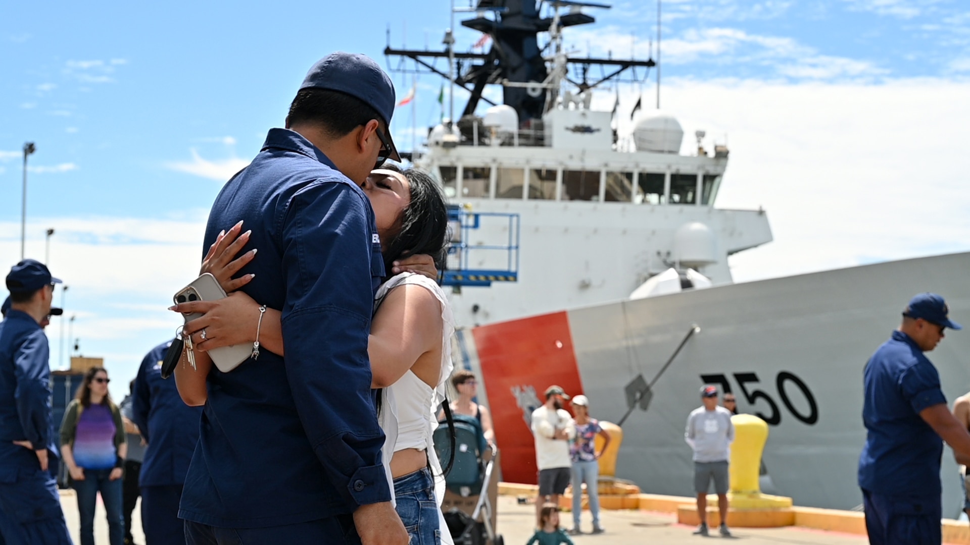 The U.S. Coast Guard Cutter Waesche (WSML 751) crew members reunite with family, friends and loved ones after returning to their Base Alameda, California, home port, Aug. 11, 2024, following a 120-day Indo-Pacific patrol. The Waesche participated in various engagements, exercises, and events throughout their deployment. U.S. Coast Guard photo by Chief Petty Officer Matthew Masaschi.