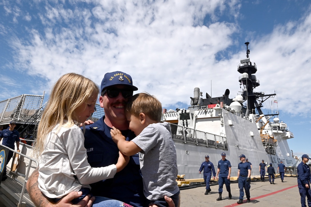 The U.S. Coast Guard Cutter Waesche (WSML 751) crew members reunite with family, friends and loved ones after returning to their Base Alameda, California, home port, Aug. 11, 2024, following a 120-day Indo-Pacific patrol. The Waesche participated in various engagements, exercises, and events throughout their deployment. U.S. Coast Guard photo by Chief Petty Officer Matthew Masaschi.