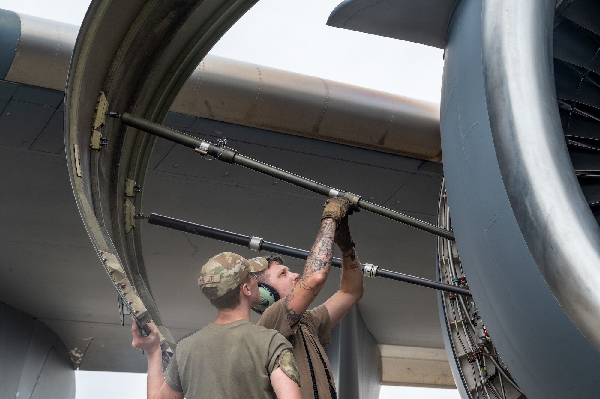 A U.S. Air Force C-17 Globemaster III from Joint Base Charleston, S.C., and another from Joint Base Lewis-McChord, Washington, are parked next to each other on the flightline, Aug. 8, 2024